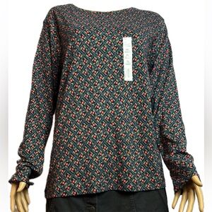 Red Rose And Green Leaf on a Navy Field Patterned Long Sleeve Top 100% Cotton